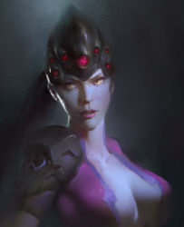 Rule 34 | 1girl, absurdres, breasts, breasts apart, colored skin, highres, lips, lipstick, long hair, makeup, medium breasts, nose, overwatch, overwatch 1, pu zhou, purple lips, purple skin, solo, widowmaker (overwatch), yellow eyes