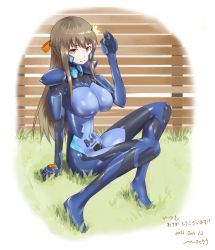Rule 34 | 1girl, bad id, bad pixiv id, bow, braid, breasts, brown hair, commission, covered navel, crown braid, dated, flower, fortified suit, hair bow, hair flower, hair ornament, highres, large breasts, looking at viewer, muv-luv, muv-luv alternative, open hand, orange bow, orange eyes, original, pilot suit, skeb commission, smile, solo, tsutarou, white flower