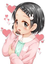 Rule 34 | 1girl, black hair, blush, braid, braided bangs, chocolate, collared shirt, dress, dress shirt, food, green dress, grey hair, hair ornament, heart, heart background, highres, holding, idolmaster, idolmaster cinderella girls, jacket, long sleeves, looking at viewer, marshmallow, open clothes, open jacket, open mouth, parted bangs, pink jacket, rabbit hair ornament, regular mow, sasaki chie, shirt, short hair, solo, tongue, tongue out, upper body, white background, white shirt