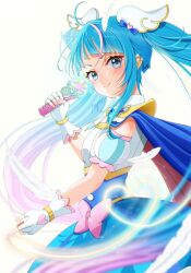 Rule 34 | 1girl, ahoge, blue cape, blue eyes, blue hair, blue skirt, bow, cape, closed mouth, corset, cowboy shot, cure sky, detached sleeves, dot nose, drawn heart, feathers, fingerless gloves, gloves, gradient hair, hair ornament, highres, hirogaru sky! precure, holding, holding wand, long hair, looking at viewer, magical girl, multicolored hair, mymo0527, pink bow, pink hair, precure, puffy detached sleeves, puffy sleeves, simple background, skirt, smile, solo, sora harewataru, standing, streaked hair, twintails, two-tone hair, waist bow, wand, white background, white gloves