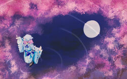 Rule 34 | 1girl, absurdres, cherry blossoms, highres, koyane (silver81106), moon, moonlight, night, night sky, one-hour drawing challenge, pond, reflection, saigyouji yuyuko, sky, solo, touhou, water