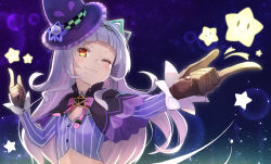 Rule 34 | 1girl, blunt bangs, breasts, capelet, crop top, finger gun, gloves, hair bun, hair ornament, hat, hololive, long hair, looking at viewer, murasaki shion, murasaki shion (1st costume), night, one eye closed, pinstripe pattern, pinstripe shirt, portrait, ribbon, shirt, silver hair, single hair bun, single side bun, sky, small breasts, smug, solo, star (sky), star (symbol), starry sky, striped clothes, striped shirt, tokumaro, upper body, vertical-striped clothes, vertical-striped shirt, virtual youtuber, witch hat, yellow eyes