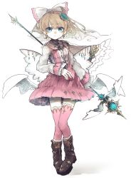 Rule 34 | 1girl, aqua eyes, blonde hair, boots, bow, cross, dress, expressionless, eyes visible through hair, full body, hair bow, hair ornament, highres, lace, lace-trimmed legwear, lace trim, legs together, original, pale color, pink thighhighs, riuichi, simple background, sketch, solo, staff, standing, thighhighs, weapon, white background, wide sleeves, wings