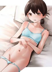 Rule 34 | 1girl, blue bra, blue panties, blush, bra, breasts, brown eyes, brown hair, folded ponytail, highres, kabayaki namazu, kantai collection, kasuga maru (kancolle), looking at viewer, lying, on back, on bed, own hands together, panties, panty pull, pillow, small breasts, solo, striped bra, striped clothes, striped panties, underwear, underwear only