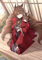 Rule 34 | 2girls, absurdres, amagi-chan (azur lane), amagi (azur lane), animal ears, azur lane, blush, breasts, brown hair, day, eyeshadow, facing viewer, fox ears, fox girl, fox tail, from above, full body, hair between eyes, hand on own knee, hand up, highres, holding hands, hug, hug from behind, japanese clothes, jewelry, kimono, kitsune, kneeling, large breasts, leaning on person, long hair, looking at another, looking back, makeup, multiple girls, multiple tails, outdoors, pendant, purple eyes, red eyeshadow, red kimono, sakura empire (emblem), samip, sleeping, sleeping on person, slit pupils, smile, tail, very long hair, wide sleeves