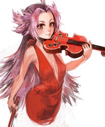 Rule 34 | 1girl, bare arms, breasts, breasts apart, cowboy shot, dress, fujinozu, grin, halter dress, halterneck, holding, holding instrument, holding violin, instrument, jun&#039;you (kancolle), kantai collection, messy hair, no bra, pink hair, plunging neckline, purple hair, red dress, red eyes, simple background, smile, solo, spiked hair, violin, white background