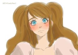 Rule 34 | 1girl, absurdres, blue eyes, blush, brown hair, charlotte pudding, closed mouth, collarbone, highres, long hair, looking at viewer, one piece, puffy sleeves, rita ya, twintails