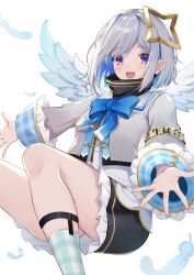 Rule 34 | 1girl, absurdres, amane kanata, amane kanata (1st costume), angel, angel wings, feathers, halo, highres, hololive, multicolored hair, purple eyes, short hair, socks, solaaki, solo, star halo, striped clothes, striped socks, virtual youtuber, wings