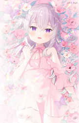 Rule 34 | 1girl, :d, animal, blush, breasts, bug, butterfly, cleavage, collarbone, commentary request, dress, flower, grey hair, hair between eyes, hand up, highres, ikari (aor3507), insect, long hair, looking at viewer, lying, neck ribbon, on back, open mouth, original, pink dress, pink flower, pink ribbon, pinky out, purple eyes, ribbon, short sleeves, small breasts, smile, solo, twitter username, very long hair, white flower