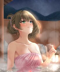 Rule 34 | 1girl, blush, breasts, choko (cup), cleavage, collarbone, commentary request, cup, green hair, highres, holding, holding cup, idolmaster, idolmaster cinderella girls, lantern, looking up, mayu (maayuu0207), medium breasts, mole, mole under eye, naked towel, onsen, partially submerged, pink towel, reflection, reflective water, smile, solo, steam, takagaki kaede, towel, wooden wall