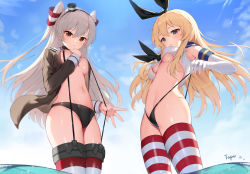 Rule 34 | 2girls, amatsukaze (kancolle), armpits, bare shoulders, bikini, bikini bottom only, black bikini, black panties, black ribbon, blonde hair, blue sky, breasts, brown eyes, cameltoe, choker, closed mouth, cloud, crop top, crop top overhang, day, elbow gloves, from below, frown, gloves, grey hair, grey shirt, groin, hair between eyes, hair ribbon, hair tubes, hairband, hand up, hat, highres, kantai collection, long hair, long sleeves, looking at viewer, medium breasts, mini hat, mole, mole on breast, multiple girls, navel, neckerchief, no bra, no pants, open clothes, open shirt, outdoors, panties, parted lips, ribbon, sailor collar, shimakaze (kancolle), shirt, skindentation, sky, sleeveless, sleeveless shirt, stomach, striped clothes, striped legwear, striped thighhighs, sunlight, suspenders, swimsuit, thighhighs, thighs, thong, topu, two side up, underboob, underwear, wading, water, white gloves, white shirt, yellow eyes