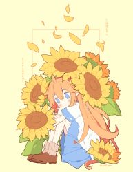 Rule 34 | 1girl, :|, ahoge, ankle socks, blue eyes, blue skirt, blush stickers, brown footwear, closed mouth, dated, english text, flower, from side, full body, hair between eyes, hand up, head rest, hugging own legs, knees to chest, knees up, leaf, legs together, light frown, loafers, long hair, looking away, melanbread, no nose, no pupils, orange hair, original, outside border, petals, pleated skirt, ribbed legwear, shirt, shoes, short sleeves, signature, simple background, skirt, sleeve cuffs, socks, solo, sunflower, tareme, very long hair, white shirt, yellow background, yellow flower