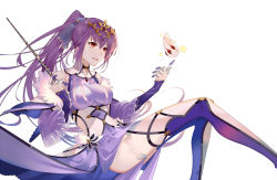 Rule 34 | 1girl, arlizi, bare shoulders, breasts, demon pillar (fate), detached sleeves, dress, elbow gloves, fate/grand order, fate (series), feet out of frame, fur-trimmed dress, fur trim, gloves, hair ribbon, highres, holding, holding wand, long hair, open mouth, ponytail, purple dress, purple hair, purple ribbon, red eyes, ribbon, scathach (fate), scathach skadi (fate), scathach skadi (third ascension) (fate), sidelocks, simple background, smile, solo, tiara, wand, white background