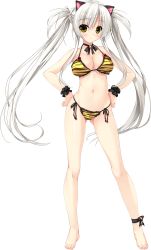 Rule 34 | 1girl, absurdres, animal ears, ankle ribbon, bare shoulders, barefoot, bell, bikini, breasts, cat ears, choker, cleavage, collarbone, full body, gluteal fold, hands on own hips, haruru minamo ni!, hatagami mei, highres, large breasts, leg ribbon, long hair, looking away, navel, non-web source, official art, ribbon, ribbon choker, shintarou, side-tie bikini bottom, solo, standing, string bikini, swimsuit, tiger stripes, transparent background, twintails, white hair, wrist cuffs, yellow eyes