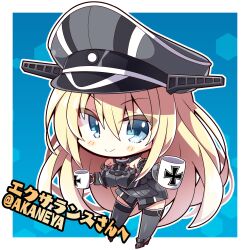Rule 34 | 1girl, absurdres, akaneya, bismarck (kancolle), blonde hair, blue background, blue eyes, blush, breasts, chibi, cross, cup, elbow gloves, full body, gloves, hair between eyes, hat, highres, holding, holding cup, iron cross, kantai collection, large breasts, leaning forward, long hair, military, military hat, military uniform, mug, peaked cap, second-party source, smile, solo, standing, thighhighs, twitter username, uniform, very long hair