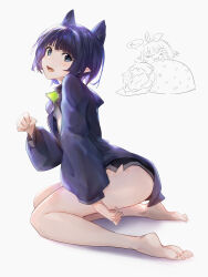 Rule 34 | 1girl, animal ears, bare legs, barefoot, black shorts, blue eyes, blush, cat ears, character request, chibi, chibi inset, commentary, extra ears, feet, full body, grey background, hand up, highres, hololive, hololive english, jacket, legs, long sleeves, looking at viewer, medium hair, ninomae ina&#039;nis, ninomae ina&#039;nis (loungewear), on ground, open clothes, open jacket, open mouth, paw pose, pointy ears, puffy long sleeves, puffy sleeves, purple hair, purple jacket, shadow, shirt, short shorts, shorts, sitting, soles, solo, tallgeese (lgeesel), teeth, thighs, toes, upper teeth only, virtual youtuber, white shirt