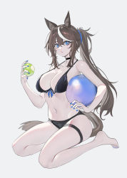Rule 34 | 1girl, absurdres, aged up, alternate breast size, animal ears, ball, bare legs, barefoot, beachball, bikini, black bikini, black choker, blue eyes, blue nails, breasts, brown hair, character request, chinese commentary, choker, cleavage, collarbone, commentary request, echj, food, fruit, grey background, hand up, highres, holding, holding food, holding fruit, horse ears, large breasts, long hair, multicolored hair, nail polish, navel, ponytail, sidelocks, simple background, solo, stomach, streaked hair, swimsuit, tail, thigh strap, thighs, toenail polish, toenails, umamusume, very long hair, white hair
