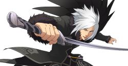 Rule 34 | 1boy, ahoge, coat, fur coat, holding, holding sword, holding weapon, male focus, manly, official art, solo, sword, tales of (series), tales of xillia, transparent background, v-shaped eyebrows, weapon, white background, white hair, wingul (tales), yellow eyes
