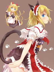 Rule 34 | 1girl, alice margatroid, animal ears, animal hands, apron, blonde hair, blue eyes, blush, bow, capelet, cat ears, cat girl, cat paws, cat tail, efe, embellished costume, female focus, hair bow, hairband, kemonomimi mode, long hair, open mouth, shanghai doll, short hair, simple background, solo, tail, touhou