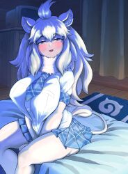 Rule 34 | 1girl, absurdres, animal ears, big hair, blue eyes, blue necktie, blush, breasts, ciapolilla, extra ears, fang, fur collar, gloves, hair between eyes, highres, huge breasts, kemono friends, kemono friends 3, lion ears, lion girl, lion tail, long hair, looking at viewer, necktie, open mouth, pillow, plaid, plaid necktie, plaid skirt, plaid sleeves, plaid trim, shirt, short sleeves, sitting, skirt, smile, solo, tail, white hair, white lion (kemono friends), white tiger print