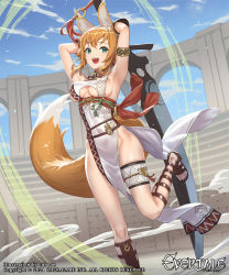 Rule 34 | 1girl, animal ear fluff, animal ears, artist name, breasts, commentary request, company connection, copyright name, cuboon, dress, evertale, fox ears, fox tail, green eyes, highres, light brown hair, looking at viewer, medium breasts, mysha, official art, open mouth, pelvic curtain, shiny skin, short dress, simple background, sleeveless, solo, sword, tail, thigh strap, thighs, weapon