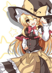 Rule 34 | 1girl, :d, ;d, bad id, bad pixiv id, blonde hair, bow, bowtie, braid, buttons, capelet, female focus, hair bow, hand on own hip, hat, hip focus, itamochi, kirisame marisa, long hair, one eye closed, open mouth, side braid, smile, solo, touhou, undefined fantastic object, wink, witch, witch hat, yellow eyes