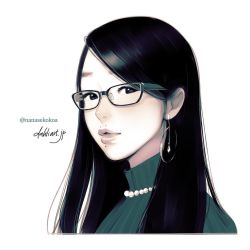 Rule 34 | 1girl, bad id, bad instagram id, black hair, commentary, commission, earrings, english commentary, glasses, hoop earrings, jewelry, long hair, looking at viewer, necklace, original, pearl necklace, portrait, ribbed sweater, simple background, solo, sweater, takenaka, white background