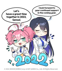 Rule 34 | 2girls, :d, ahoge, black hair, blouse, blue archive, blush, breasts, closed eyes, collared shirt, donmin h, double v, english text, glasses, green eyes, hair between eyes, hair ornament, hand up, jacket, lab coat, long hair, long sleeves, momoka (blue archive), multicolored hair, multiple girls, necktie, official art, open mouth, pink hair, pointy ears, rin (blue archive), shirt, short necktie, smile, speech bubble, sweat, twintails, two side up, v, very long hair, watermark, white background, white jacket, white shirt