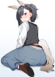 Rule 34 | 1girl, animal ears, ass, asymmetrical hair, black hair, black vest, blue pants, blush, boots, brown footwear, closed mouth, collared shirt, commentary, denim, embarrassed, fake animal ears, fake tail, from behind, full-face blush, full body, gradient background, hairband, highres, horse ears, horse girl, horse tail, jeans, kiryuuin aoi, blue background, long sleeves, looking at viewer, looking back, nekoume, pants, purple eyes, shirt, short hair, short sidetail, side ponytail, simple background, sitting, solo, sweatdrop, tail, umamusume, vest, wariza, white background, white shirt