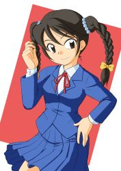 Rule 34 | 1girl, absurdres, black eyes, black hair, blue jacket, blue skirt, bonsichi, bow, bowtie, braid, hair bow, hand on own hip, highres, jacket, looking at viewer, original, pleated skirt, red bow, red bowtie, shirt, skirt, smile, solo, standing, twin braids, twintails, white shirt, yellow bow