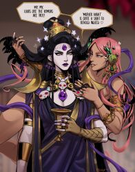 Rule 34 | 2girls, absurdres, ancient greek clothes, aphrodite (hades), armband, black hair, blurry, blurry background, bracelet, commentary, cup, dark-skinned female, dark skin, english commentary, english text, grace kim (ryuuna), greco-roman clothes, grin, hades (series), hades 1, hair ornament, hands in hair, highres, holding, holding cup, jewelry, long hair, looking at another, mature female, multiple girls, multiple rings, nyx (hades), parted bangs, pink eyes, pink hair, pink nails, purple lips, ring, sideways glance, skull ornament, smile, speech bubble, very long hair, yuri