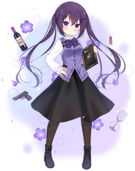 Rule 34 | 1girl, ark order, black footwear, black pantyhose, black skirt, blue bow, blue bowtie, blue flower, blue vest, blush, boots, bottle, bow, bowtie, bullet, closed mouth, cross-laced footwear, cup, drinking glass, flower, frilled sleeves, frills, gochuumon wa usagi desu ka?, gun, hair ornament, hairclip, hand on own hip, handgun, holding, holding menu, ikataruto, lace-up boots, long hair, long sleeves, looking at viewer, menu, official art, pantyhose, petals, puffy long sleeves, puffy sleeves, purple eyes, purple hair, rabbit house uniform, shirt, sidelocks, skirt, smile, solo, split mouth, standing, tachi-e, tedeza rize, transparent background, twintails, very long hair, vest, weapon, white shirt, wine bottle, wine glass
