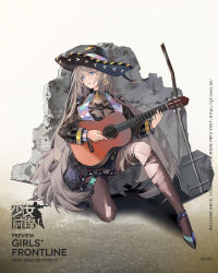Rule 34 | blue eyes, faux figurine, fx-05 (girls&#039; frontline), fx-05 xiuhcoatl, girls&#039; frontline, grey hair, guitar, hat, high heels, highres, instrument, long hair, long sleeves, looking to the side, miyazakisoul, music, official art, on one knee, open mouth, pantyhose, playing instrument, solo, sombrero, torn clothes, torn pantyhose