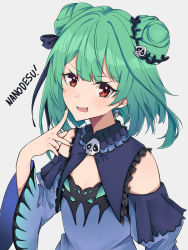 Rule 34 | 1girl, absurdres, bare shoulders, black bow, black nails, blue dress, blue sleeves, bow, commentary, detached sleeves, double bun, dress, earrings, green hair, grey background, hair bow, hair bun, hair ornament, hand up, highres, hololive, jewelry, juliet sleeves, long sleeves, looking at viewer, nail polish, nanodesu (phrase), pokarii zuu, puffy sleeves, red eyes, simple background, skull earrings, skull hair ornament, sleeveless, sleeveless dress, solo, upper body, uruha rushia, uruha rushia (1st costume), virtual youtuber