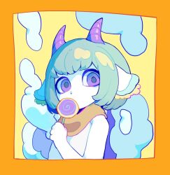 Rule 34 | 1other, animal ears, border, candy, cloud, colored skin, commentary, cyany, english commentary, food, green hair, hand up, highres, holding, holding candy, holding food, holding lollipop, horns, lollipop, looking at viewer, orange border, original, purple eyes, purple horns, scarf, short hair, solo, white skin, yellow background