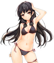 Rule 34 | 10s, 1girl, alternate costume, arm up, armpits, bikini, black bikini, black hair, blush, breasts, contrapposto, cowboy shot, hair ribbon, hand on own head, harino646, highres, isokaze (kancolle), kantai collection, leg ribbon, long hair, looking at viewer, low-tied long hair, navel, red eyes, ribbon, side-tie bikini bottom, simple background, small breasts, smile, solo, standing, swimsuit, thigh ribbon, white background