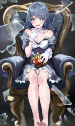 Rule 34 | 1girl, absurdres, aqua eyes, bare legs, bare shoulders, barefoot, blue dress, blue hair, blush, breasts, chair, chromatic aberration, cleavage, collarbone, commentary, crown, dress, foot out of frame, frilled dress, frilled gloves, frills, glass shards, gloves, hand up, highres, kurokawa akane, livetm 08, looking at viewer, medium breasts, off-shoulder dress, off shoulder, open mouth, oshi no ko, reflection, sitting, smile, solo, spaghetti strap, sparkle, star-shaped pupils, star (symbol), symbol-shaped pupils, teeth, upper teeth only, white dress, white gloves