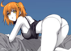 Rule 34 | 1girl, abe inori, all fours, alternate costume, ass, breasts, fate/grand order, fate (series), fujimaru ritsuka (female), hair ornament, hair scrunchie, looking at viewer, medium breasts, one side up, open mouth, orange eyes, orange hair, orange scrunchie, pale skin, panties, scrunchie, short hair, side ponytail, simple background, solo, tank top, underwear, underwear only, white panties