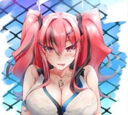 Rule 34 | 1girl, :p, azur lane, black bra, blue sky, blush, bra, breasts, bremerton (azur lane), bremerton (scorching-hot training) (azur lane), chain-link fence, cleavage, collarbone, collared shirt, commentary request, day, ear piercing, fence, grey hair, hair between eyes, hair intakes, hair ornament, hairclip, heart, heart necklace, hirokichi shouji, jewelry, large breasts, long hair, looking at viewer, mole, mole on breast, mole under eye, multicolored hair, necklace, piercing, pink eyes, pink hair, see-through, shirt, sidelocks, sky, sleeveless, sleeveless shirt, smile, solo, sportswear, streaked hair, sweat, tongue, tongue out, twintails, two-tone hair, two-tone shirt, underwear, upper body, wet, wet clothes, wet shirt, white shirt, x hair ornament