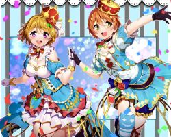 Rule 34 | 2girls, :d, alternate costume, black gloves, blue skirt, breasts, brown hair, cleavage, crown, frilled skirt, frills, gloves, highres, holding hands, hoshizora rin, koizumi hanayo, looking at viewer, love live!, love live! school idol project, medium breasts, multiple girls, nakano maru, open mouth, orange hair, purple eyes, short hair, skirt, small breasts, smile, white gloves, white skirt, yellow eyes