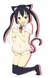 Rule 34 | 00s, 1girl, animal ears, cat ears, cat girl, cat tail, female focus, full body, hamao, k-on!, nakano azusa, neck ribbon, paw pose, red ribbon, ribbon, school uniform, solo, sweater vest, tail, thighhighs, vest, white background