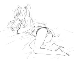 Rule 34 | 1girl, animal ears, ass, bad id, bad pixiv id, barefoot, blush, dakian, feet, greyscale, hattori shizuka, long hair, long sleeves, lying, military, military uniform, monochrome, on side, pillow, ponytail, school swimsuit, simple background, solo, strike witches, swimsuit, swimsuit under clothes, tail, toes, uniform, world witches series
