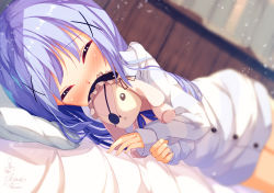 Rule 34 | 1girl, bed sheet, blue hair, blurry, blurry background, blush, chinomaron, closed eyes, commentary request, depth of field, facing viewer, gochuumon wa usagi desu ka?, hair ornament, hood, hood down, hooded jacket, hugging object, indoors, jacket, kafuu chino, long hair, lying, nose blush, on side, pillow, signature, solo, striped clothes, striped jacket, stuffed animal, stuffed rabbit, stuffed toy, x hair ornament