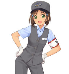 Rule 34 | 00s, 1girl, armband, blue shirt, blue skirt, bob cut, breasts, brown hair, cowboy shot, gloves, green eyes, grey hat, grey pants, grey vest, hair ornament, hands on own hips, hat, highres, inou shin, name tag, official art, open mouth, pants, safety pin, shibaguchi konomi, shirt, short hair, short sleeves, simple background, skirt, small breasts, smile, solo, tetsudou musume, translated, uniform, vest, white background, white gloves, yokohama seaside line