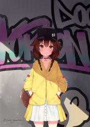 Rule 34 | 1girl, absurdres, animal ears, baseball cap, black hat, blue bow, blush, bow, braid, brown eyes, brown hair, cartoon bone, closed mouth, collar, collarbone, commentary request, dog ears, dog girl, dog tail, dress, graffiti, hands in pockets, hat, highres, hololive, inugami korone, inugami korone (1st costume), jacket, listener (inugami korone), long hair, long sleeves, looking at viewer, low twintails, ochinsama, red bow, red collar, smile, solo, tail, twin braids, twintails, twitter username, v-shaped eyebrows, virtual youtuber, white dress, yellow jacket