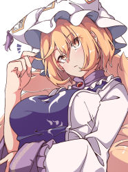 Rule 34 | 1girl, absurdres, animal hat, arm rest, blonde hair, breasts, closed mouth, commentary request, dress, expressionless, fingernails, fox tail, gokuu (acoloredpencil), hat, head tilt, highres, holding, holding own hair, large breasts, long sleeves, mob cap, multiple tails, simple background, slit pupils, solo, tabard, tail, touhou, upper body, white background, white dress, yakumo ran, yellow eyes