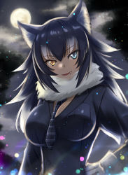 Rule 34 | 10s, 1girl, animal ears, between breasts, black hair, blue eyes, breasts, fang, fang out, full moon, fur collar, gloves, grey wolf (kemono friends), hand on own hip, heterochromia, kemono friends, long hair, looking at viewer, moon, multicolored hair, necktie, necktie between breasts, r choko, solo, tail, two-tone hair, wolf ears, wolf tail, yellow eyes