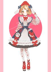 Rule 34 | 1girl, animal ears, black bow, blush, bow, bowtie, braid, brown eyes, brown hair, center frills, character request, cherry earrings, cherry print, copyright request, dress, earrings, fake animal ears, food, food-themed earrings, food print, food themed bag, food themed earrings, frills, fruit, fruit hat, full body, hat, hat bow, highres, holding, holding food, holding fruit, jewelry, lolita fashion, long sleeves, looking at viewer, lunch (lunchicken), pantyhose, pillarboxed, plaid, plaid sleeves, print pantyhose, rabbit ears, red bow, red bowtie, red footwear, ribbon-trimmed dress, short hair, side braid, smile, solo, strawberry, strawberry bag, strawberry print, striped, striped bow, themed object