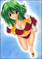 Rule 34 | 1girl, ascot, bikini, blue background, border, breasts, cleavage, female focus, flower, from above, green hair, kazami yuuka, large breasts, looking up, marker (medium), nail polish, open clothes, open shirt, pastel (medium), perspective, plaid, plaid bikini, plaid vest, red eyes, red nails, sandals, shirt, short hair, smile, solo, sunflower, swimsuit, touhou, traditional media, untied, vest, yadokari genpachirou