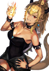 Rule 34 | 1girl, armlet, black choker, black leotard, black nails, black thighhighs, blonde hair, bowsette, bracelet, breasts, choker, cleavage, collarbone, covered navel, crown, earrings, fingernails, fire, grin, hair between eyes, hand on own hip, horns, jewelry, large breasts, leotard, long hair, looking at viewer, mario (series), mini crown, nail polish, nasubin (nasubisamurai15), new super mario bros. u deluxe, nintendo, pointy ears, ponytail, red eyes, sharp fingernails, simple background, smile, solo, spiked armlet, spiked bracelet, spiked choker, spikes, strapless, strapless leotard, tail, thighhighs, torn clothes, torn thighhighs, white background